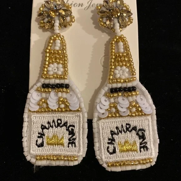 Champagne bottle earrings white gold beaded - Picture 4 of 6